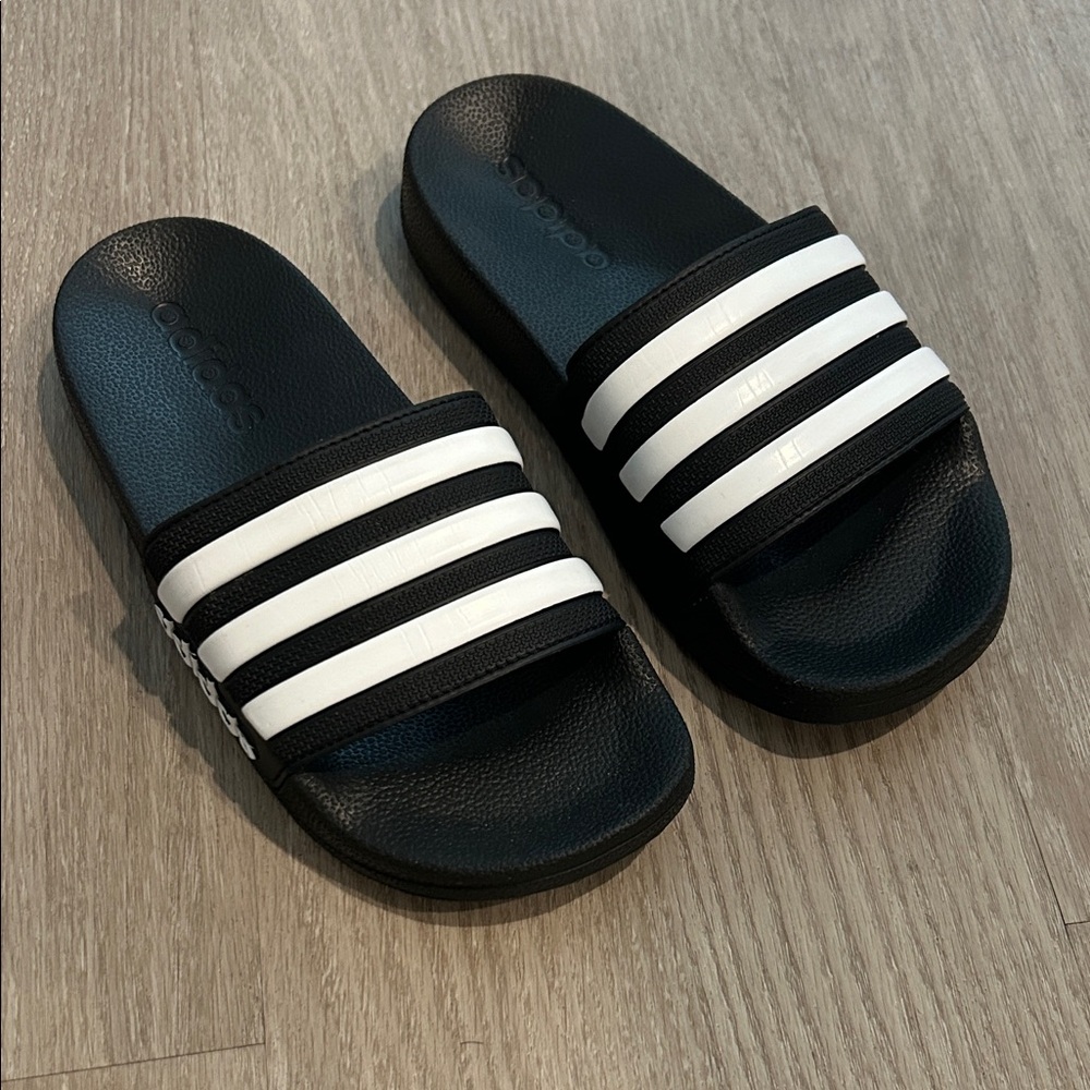 Kids Adidas Black and White Striped Slides